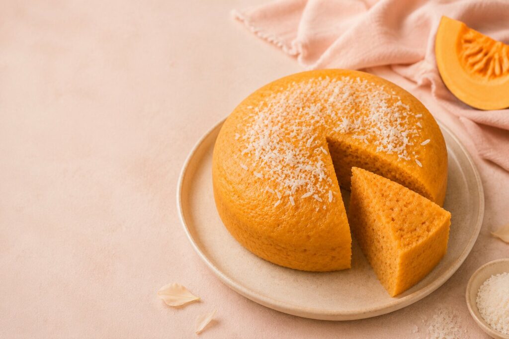Gâteau orange-coco sur fond rose